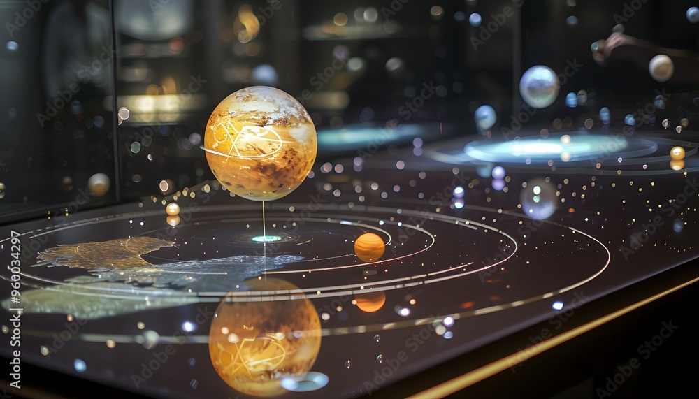 Planets Display Model Intricate solar system model display in a dark museum setting ...