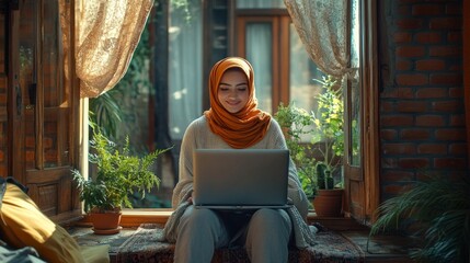 Sticker - Woman in Hijab Working on Laptop at Home