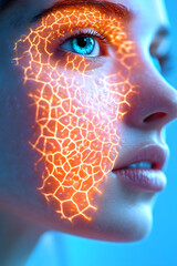 Poster - close up detail of woman face with digital glowing artificial skin, science