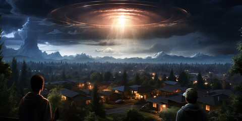 Fototapete - UFO sighting over a suburban neighborhood, with astonished residents gazing up at the mysterious craft.