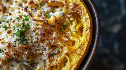 Wall Mural - Gourmet Baked Pasta with Cheese and Herbs Close-Up. Three-Cheese Spaghetti Squash