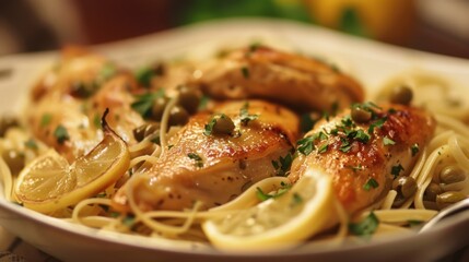 Poster - Lemon Chicken Pasta Plate with Herbs and Capers. Slow Cooker Chicken Piccata