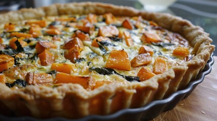 Wall Mural - Freshly Baked Pumpkin and Spinach Quiche on Kitchen Counter. Roasted Butternut Squash Quiche