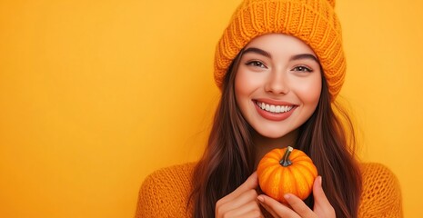 happy young women wearing knitted hats holding pumpkins, thanksgiving, halloween concepts, leaving t