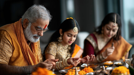 An Indian family engaged in a traditional ritual, with elders and a young woman wearing traditional attire and henna, surrounded by ritualistic items and flowers on a table.