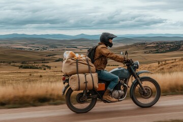 A motorcyclist travels through the countryside carrying groceries on the back of their motorcycle, showcasing transport and daily necessities combined with rural scenery.