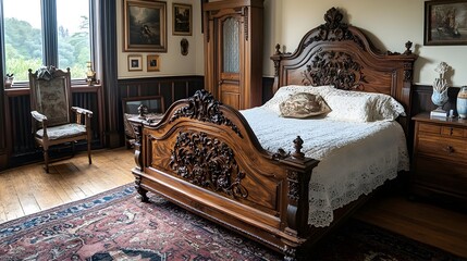 Wall Mural - Cozy Vintage Bedroom with Carved Wooden Bed and Lace Bedding  This image showcases a beautifully decorated interior with a classic elegant aesthetic featuring antique furniture and textiles