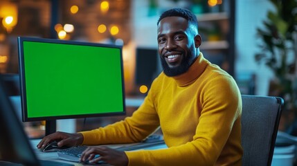 Canvas Print - Smiling man working in modern office at night