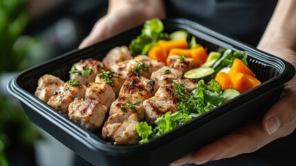 Wall Mural - Gym-goer holding a black meal container with white meat, fresh greens, and veggies, showcasing a nutritious, protein-packed lunch for muscle growth.