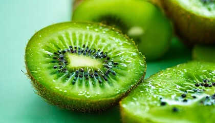 A close-up shot of fresh, juicy kiwi slices. The bright green color and intricate details of the fruit seeds and texture create a visually appealing and appetizing image. Perfect for healthy food or