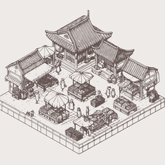 Wall Mural - line art isometric illustration of traditional market