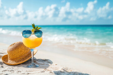 Yellow cocktail with straw hat and sunglasses on sandy beach with ocean and sky background. Summer vacation and relaxation concept. High quality photo