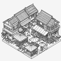 Wall Mural - line art isometric illustration of traditional market