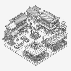 Wall Mural - line art isometric illustration of traditional market