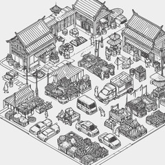 Wall Mural - line art isometric illustration of traditional market