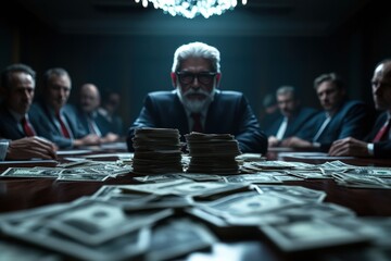 A dramatic image showing a boardroom with business people blurred in the background, focusing on stacks of money on the table, representing wealth, power, and corporate decisions.