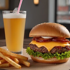 Restaurant burger hamburger cheeseburger dinner.Unhealthy sandwich meal lettuce beef meat tomato fast food bread cheese grilled onion bun ready-to-eat bacon gourmet ketchup french fries Photography