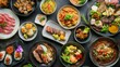 © peerawat - A culinary showcase of classic dishes from Italy, Japan, Thailand, and Brazil, highlighting the unique ingredients and cooking styles from each region in an artistic presentation