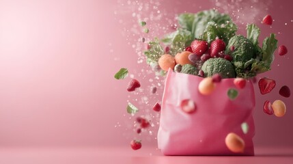 Sticker - A vibrant pink grocery bag filled to the brim with an assortment of fresh vegetables and fruits including lettuce, broccoli, strawberries, and more, against a pink background.