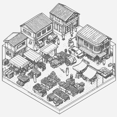 Wall Mural - line art isometric illustration of traditional market