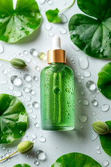 skincare bottle on white background with water drops and green centella leaves