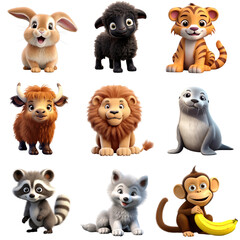 PNG 3d animal character element set, transparent background