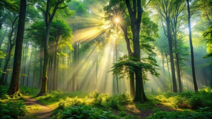 Majestic sunlit forest scene with towering trees, dappled light filtering through lush green foliage, and a serene misty atmosphere evoking a sense of tranquility and wonder.