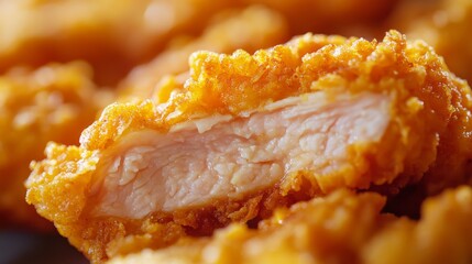 Dramatic shot macro photography of fried chicken strip cut