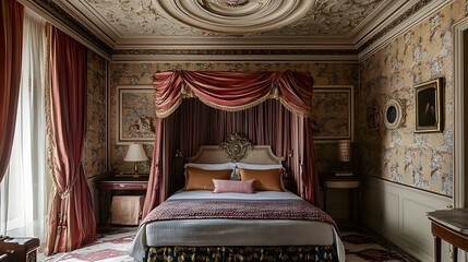 Wall Mural - Beautifully designed classic bedroom featuring a luxurious canopy bed patterned wallpaper and an ornate ceiling medallion creating a cozy and sophisticated ambiance