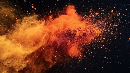 Bright orange and yellow powder exploding against a black background, creating an abstract cloud of color perfect for any project needing a vibrant, energetic feel