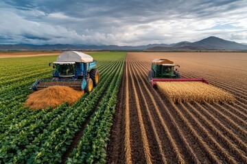 Two different farm machinery types harvesting distinct crops side by side, demonstrating the variety and complexity of modern agriculture in a vibrant, productive field setting.