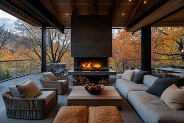 A cozy, modern living room featuring a central fireplace, surrounded by comfortable seating, and offering a stunning view of autumn foliage through large windows, exuding warmth.