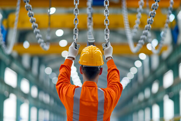 A man in a yellow helmet and orange safety gear is hanging from a chain