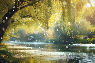 Wall Mural - A charming riverside scene, with willow trees swaying in the breeze and the water sparkling in the sunlight, softly blurred for a holiday-themed wallpaper