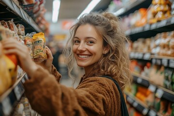 Happy woman, supermarket, reaching, product, shelf, smile, grocery items, positive shopping experience