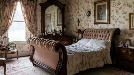 Wall Mural - A cozy and elegant classic bedroom featuring a tufted sleigh bed floral curtains and a large antique mirror