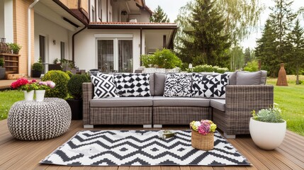 A cozy outdoor sofa adorned with cushions invites relaxation on a wooden terrace, nestled among vibrant green plants and trees, basking in warm summer light