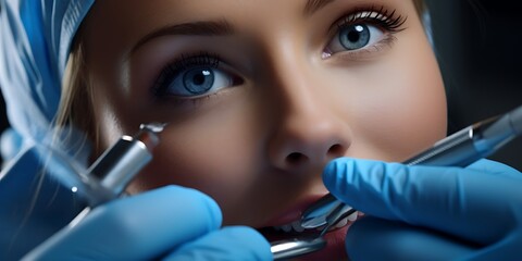 Wall Mural - Woman at dentist, closeup of face, hands, and tools during oral hygiene checkup