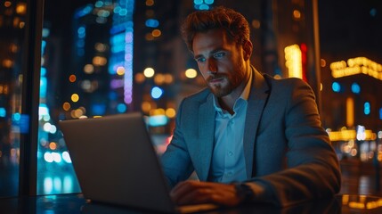 Canvas Print - Business Professional Working Late on Laptop