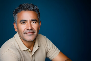 Wall Mural - mature Hispanic man with salt and pepper hair, seated and relaxed, wearing a beige polo shirt, dark blue background