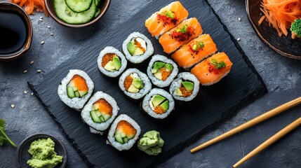 A beautifully arranged vegan sushi platter showcases rolls made with fresh vegetables, accompanied by dipping sauces and garnishes, ideal for healthy dining