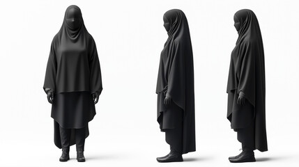 A digital artwork of a person wearing a full black niqab, seen from front, side, and back views against a white background, highlighting the traditional Islamic attire.