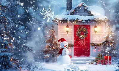 Sticker - A snowman stands in front of a house with a wreath on the door. The house is surrounded by trees and has a chimney. The scene is a wintery, cozy, and festive atmosphere