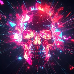 Canvas Print - Neon synthwave skull explodes into glowing polygons - 3D illustration