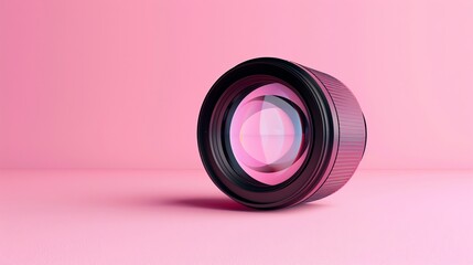 A camera lens on a pink background.