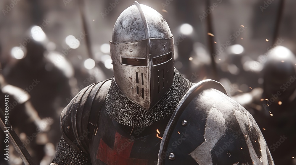 A line of medieval knights in full armor, with swords and shields ...