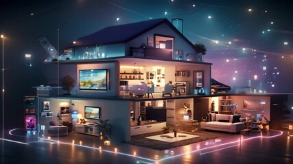 modern house with glowing lights and media icons on dark background 3d rendering, explore the concep