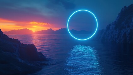 Neon Circle Over Water and Mountains at Sunset