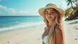 © feeling lucky - A young woman enjoys a sunny day at the beach wearing a straw hat and a bikini, with the ocean and palm trees in the background.