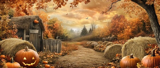 Jack-o'-lantern in a Haybale Field with an Autumnal Forest Background